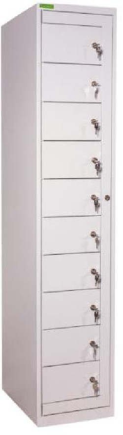 Skriňa na výdaj pracovného oblečenia s 10 priehradkami, uzamykateľná, v.182 x š.38 x h.45cm, RAL7035 sivá