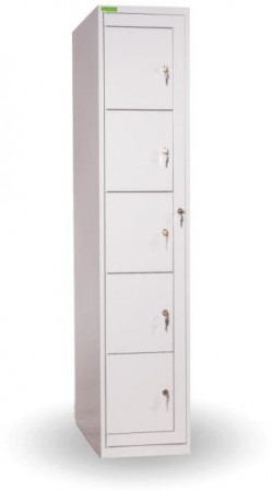 Skriňa na výdaj pracovného oblečenia s 5 priehradkami, uzamykateľná, v.182 x š.38 x h.45cm, RAL7035 sivá