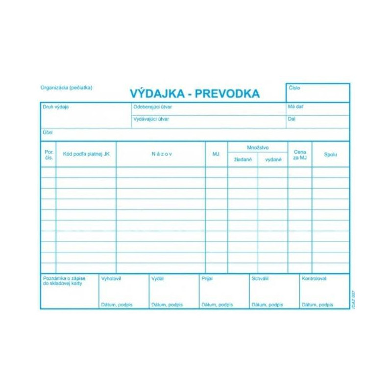 Výdajka - prevodka, A5, bez DPH, samoprepis s kart. obálkou a podložkou