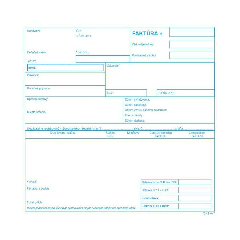 Faktúra - daňový doklad, 21x20cm, 100 listov, samoprepis