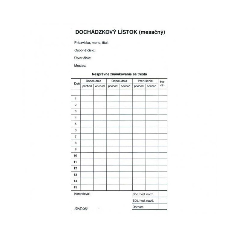 Dochádzkový lístok mesačný (kartón)