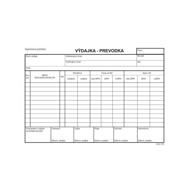 Výdajka - prevodka, A5, bez DPH, samoprepis, s kartónovou obálkou a podložkou