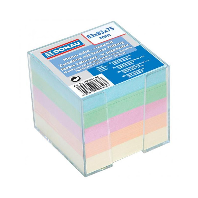 Bloček kocka nelepená, 83x83x75 mm, pastelové farby, číra krabička