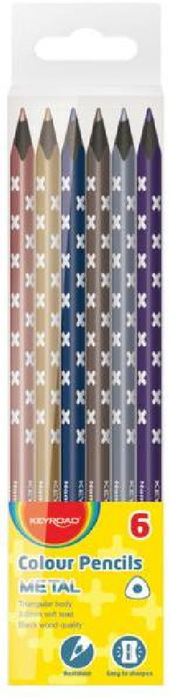 Farbičky trojhranné čierne drevo KEYROAD 6ks, mix metalických farieb