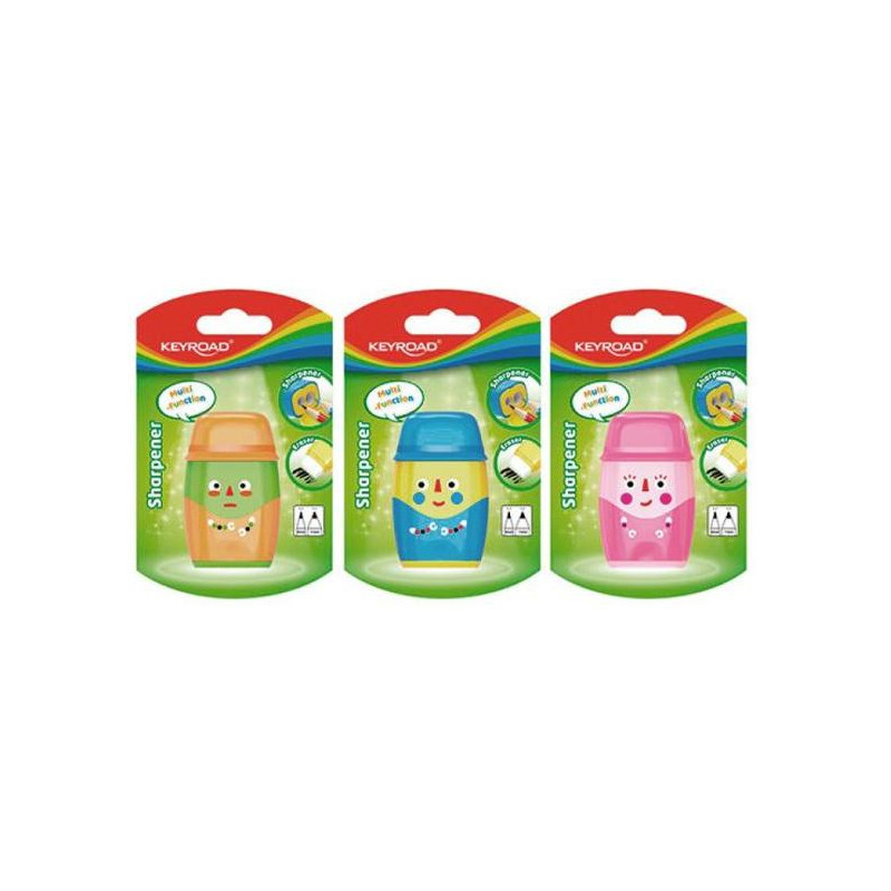 Strúhadlo KEYROAD Hello plastové s dvomi otvormi, gumou blister mix farieb