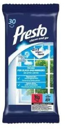 Vlhčené utierky PRESTO na sklo a zrkadlo 30 ks