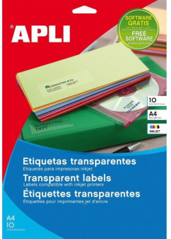 Etikety polyesterové priehľadné 210x297mm APLI A4 inkjet 10 hárkov