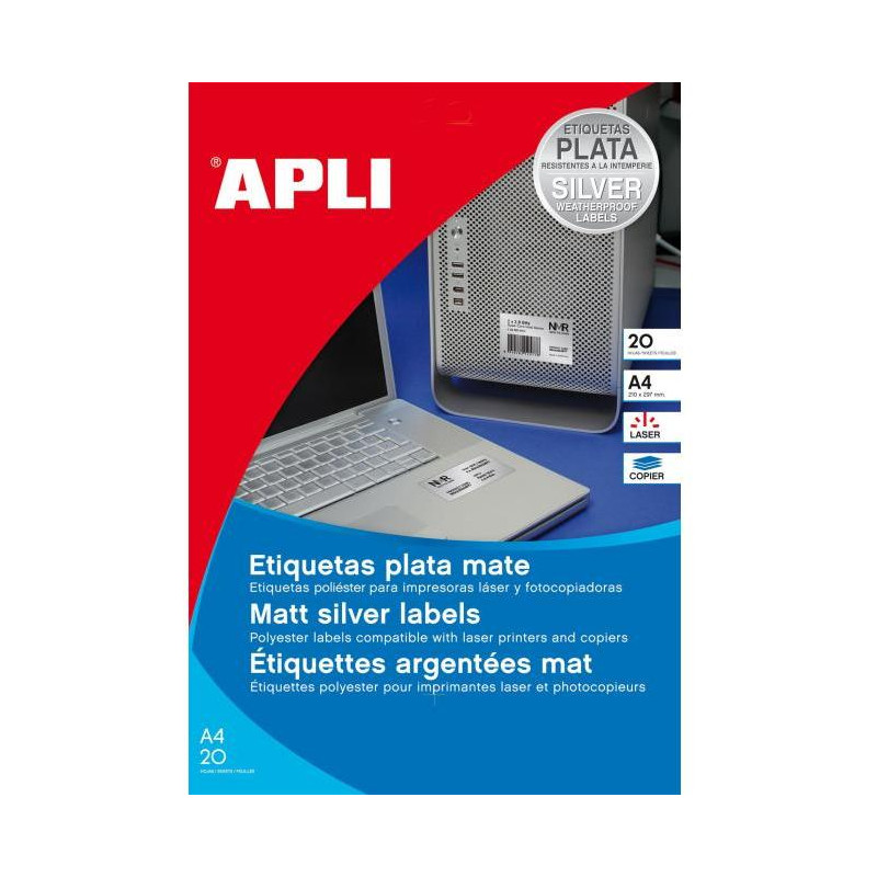 Etikety polyesterové 63,5x29,6mm APLI A4 20 hárkov strieborné