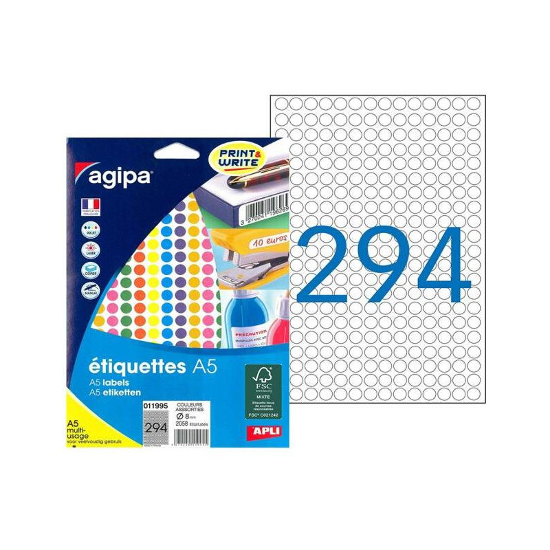 Etikety kruhové 8mm Agipa A5 mix 7 farieb