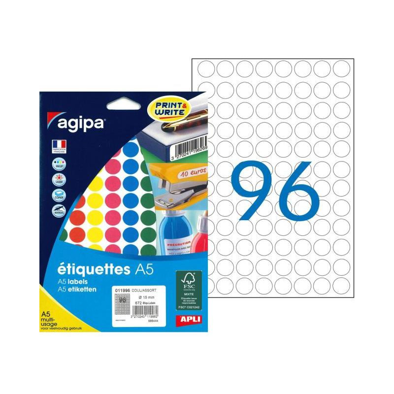 Etikety kruhové 15mm Agipa A5 mix 5 farieb