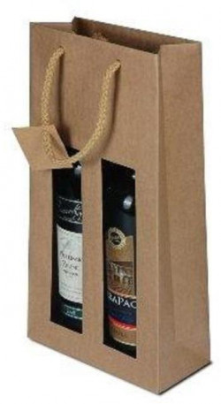 Papierová taška na víno s okienkom hnedá na 2 fľaše, bavlnené ušká (1ks)