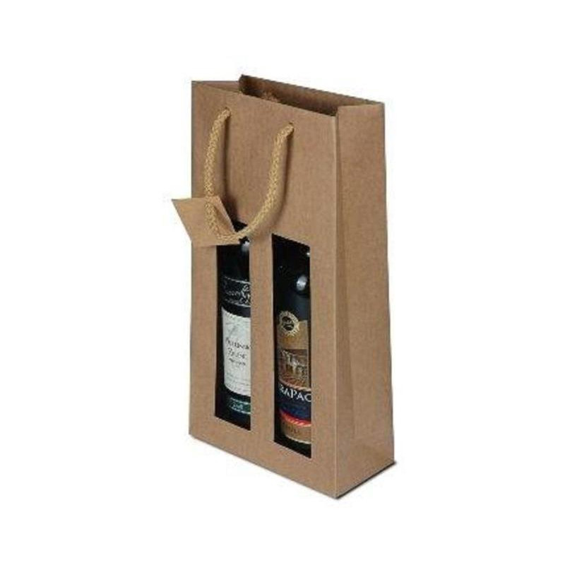 Papierová taška na víno s okienkom hnedá na 2 fľaše, bavlnené ušká (1ks)