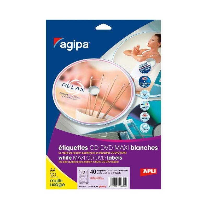 Etikety univerzálne na CD/DVD priemer 117,5 -17mm Agipa 20 hárkov