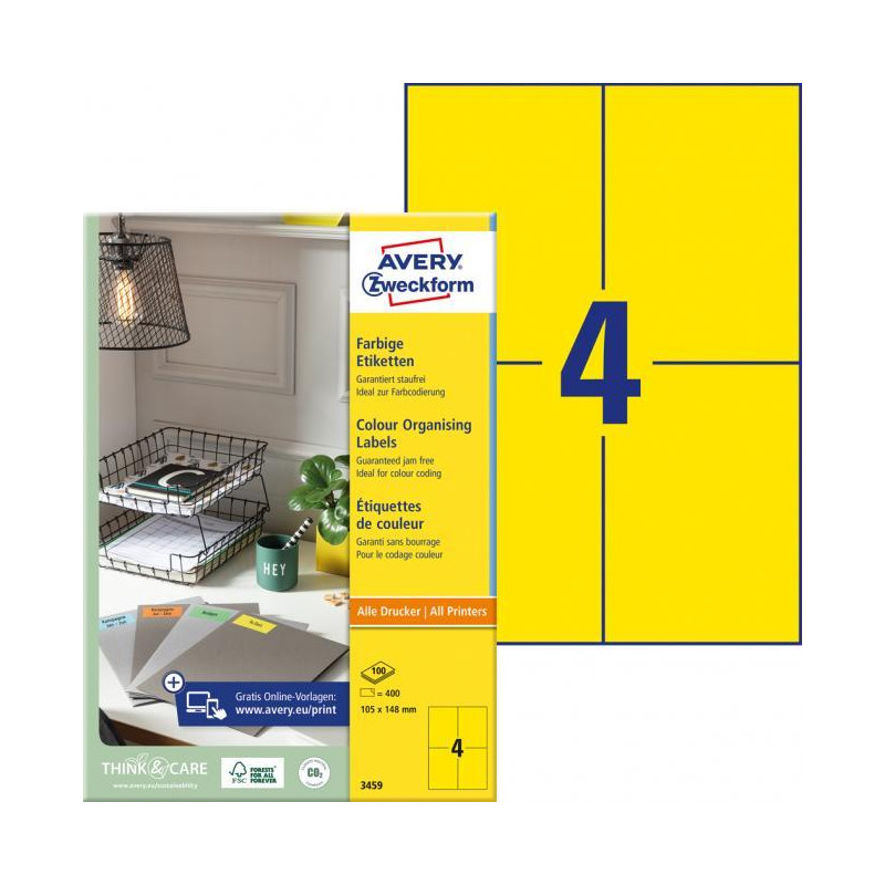 Etikety farebné 105x148mm Avery A4 100 hárkov žlté
