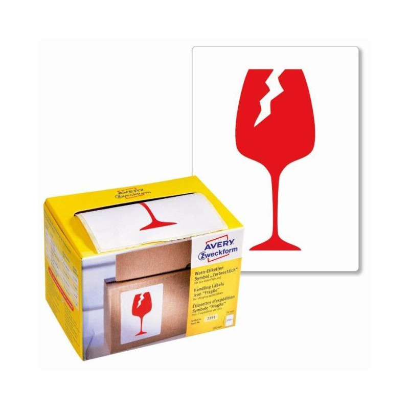 Etikety Avery s varovným symbolom ` Krehké` 74x100mm na kotúči