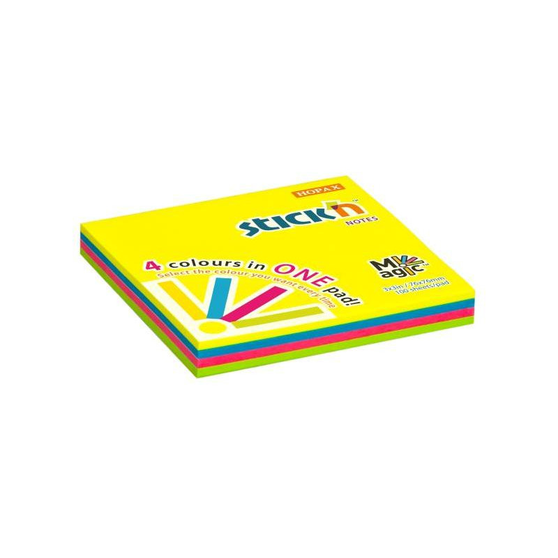 Samolepiaci bloček MAGIC 4 neónové farby, 76x76mm, 100 lístkov