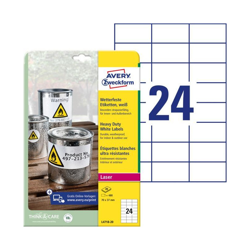 Etikety polyesterové veľmi odolné 70x37mm Avery A4 biele 20 hárkov