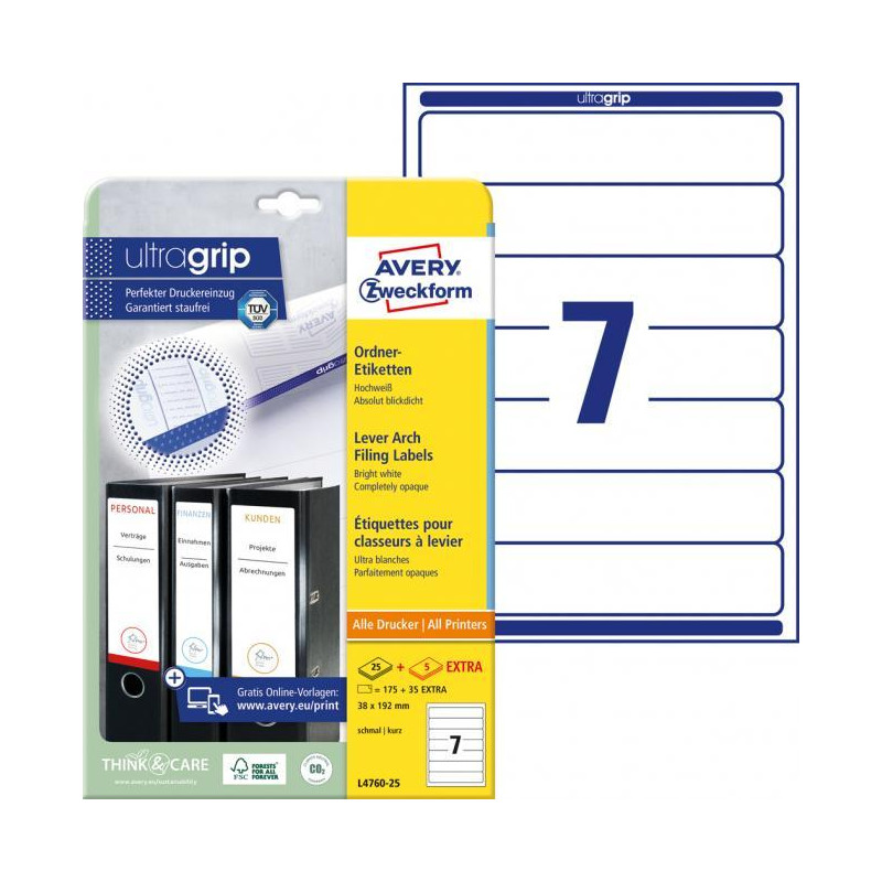 Etikety univerzálne na zakladače 38x192mm Avery A4 25+5 hárkov