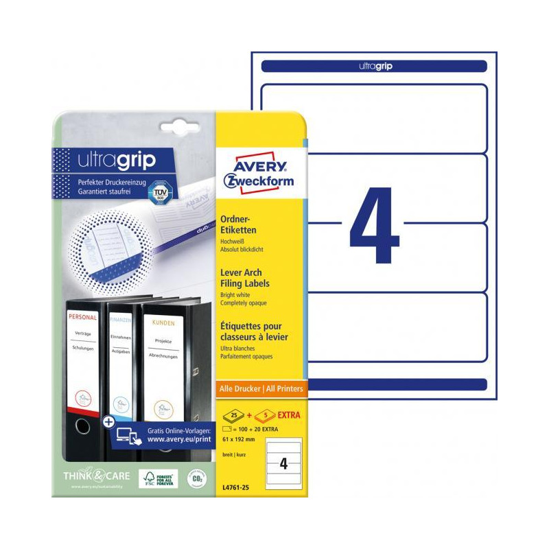Etikety univerzálne na zakladače 61x192mm Avery A4 25+5 hárkov