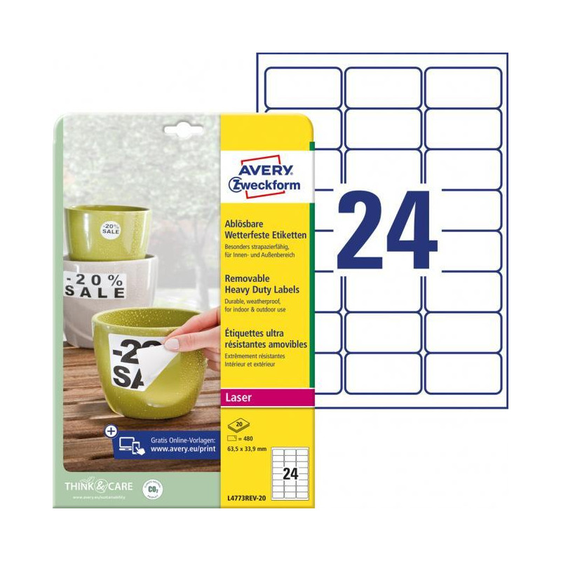 Etikety polyesterové veľmi odolné 63,5x33,9mm Avery A4 biele odnímateľné 20 hárkov