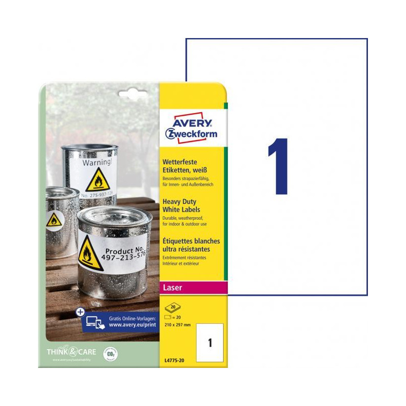 Etikety polyesterové veľmi odolné 210 x 297mm Avery A4 biele 20 hárkov