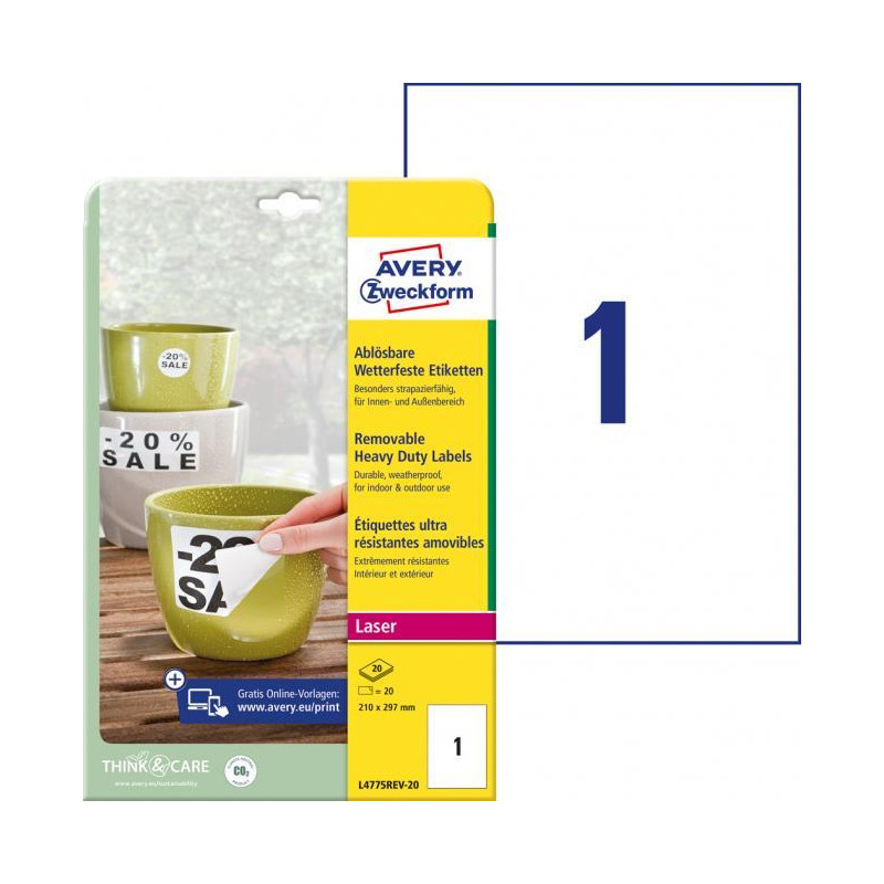 Etikety polyesterové veľmi odolné 210x297mm Avery A4 biele odnímateľné 20 hárkov