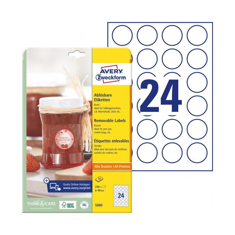 Etikety kruhové 40mm Avery 10 hárkov biele