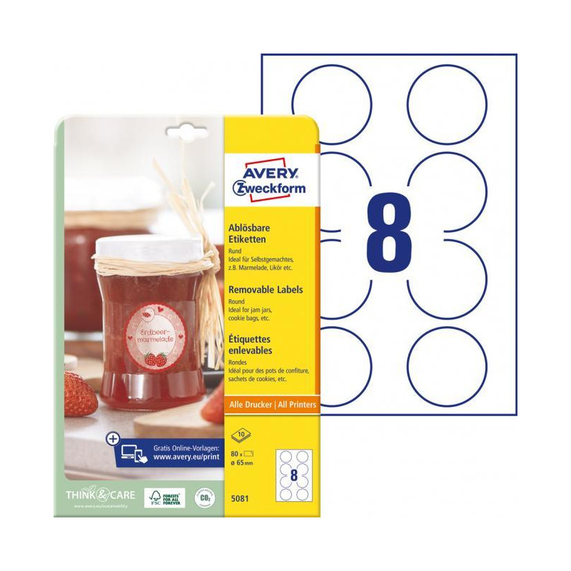 Etikety kruhové 65mm Avery 10 hárkov biele