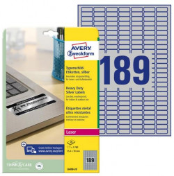 Etikety polyesterové veľmi odolné 25,4x10mm Avery A4 strieborné 20 hárkov