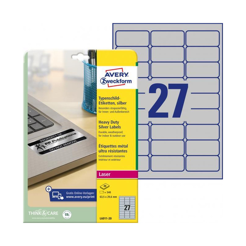 Etikety polyesterové veľmi odolné 63,5x29,6mm Avery A4 strieborné 20 hárkov