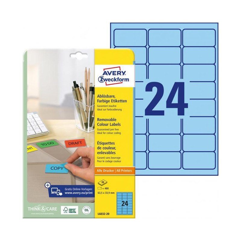 Etikety Avery odnímateľné 63,5x33,9 mm, modré