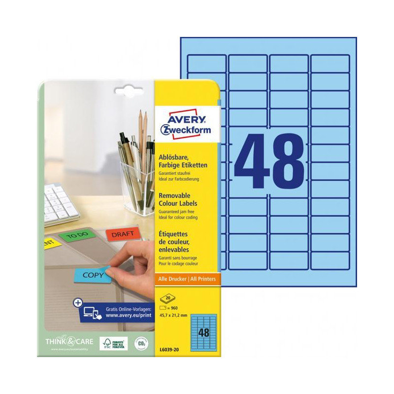 Etikety Avery odnímateľné 45,7x21,2 mm, modré