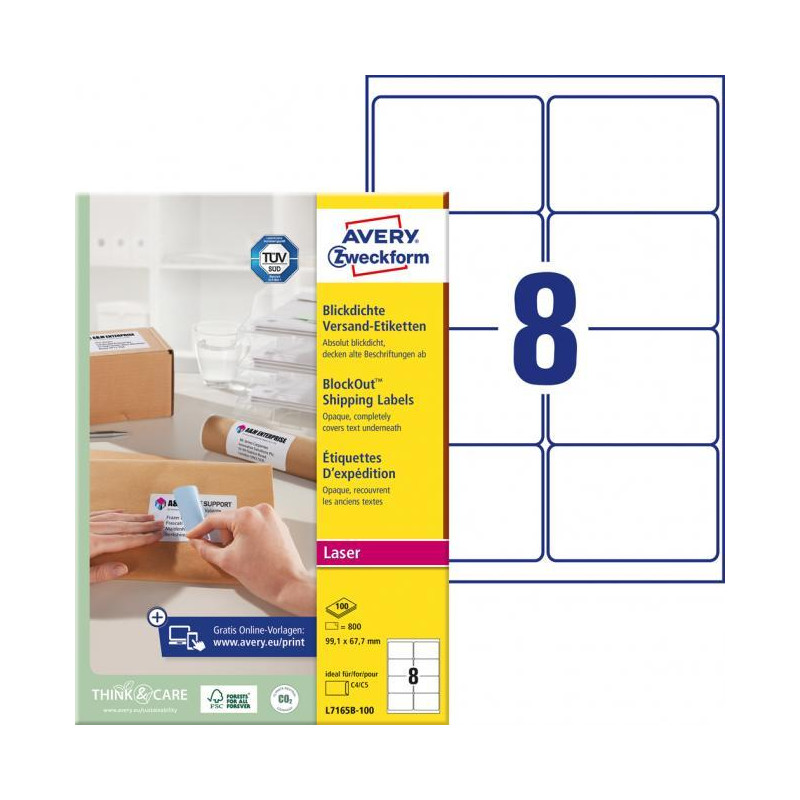 Etikety na zásielky 99,1x67,7mm Avery A4 100 hárkov, laser