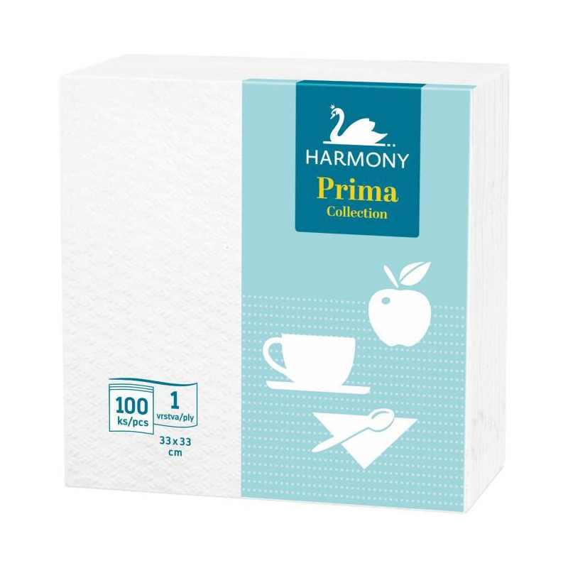 Papierové servítky 1-vrstvové HARMONY Prima 33 x 33 cm biele 100 kusov