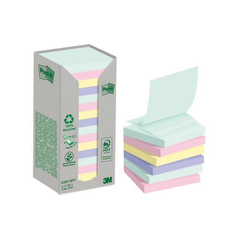 Z-Bločky Post-it recyklované, NATURE, 76x76 mm, dúhové, 16x100 lístkov