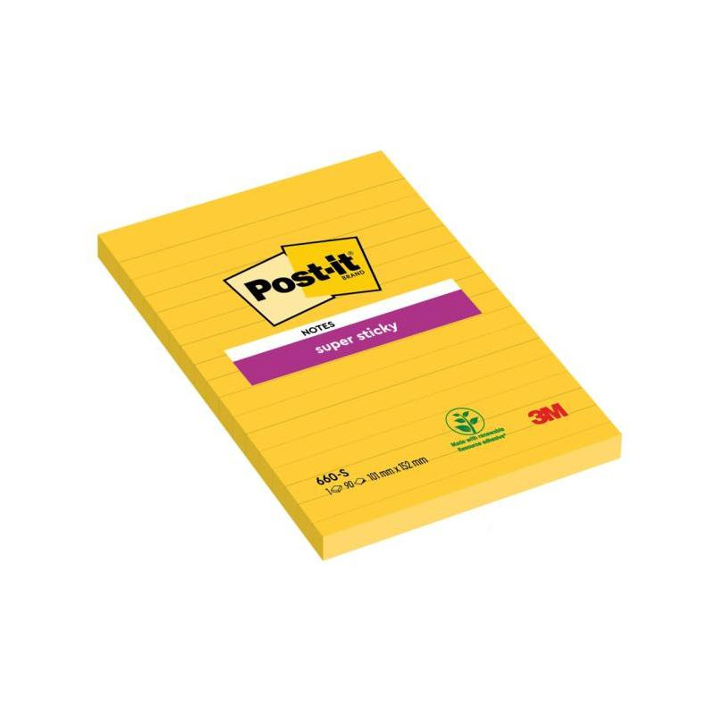 Bloček Post-it Super Sticky, 102x152 mm, žltý, linajky