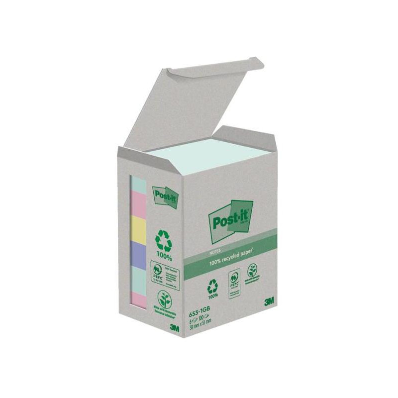 Bločky Post-it recyklované NATURE, pastelové farby, veľkosť 38x51 mm, 6 bločkov po 100 lístkov